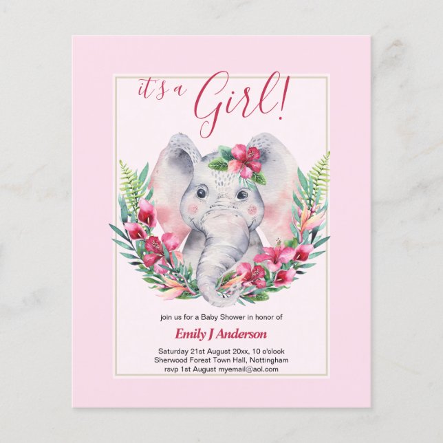 GIRLS Elephant Blume Baby Shower GENDER REVEAL Flyer (Vorne)