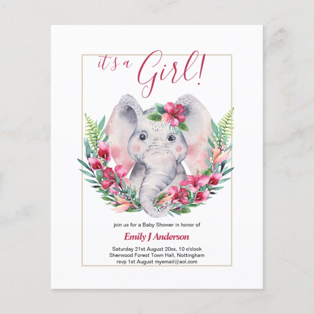 GIRLS Elephant Blume Baby Shower GENDER REVEAL Flyer (Vorne)