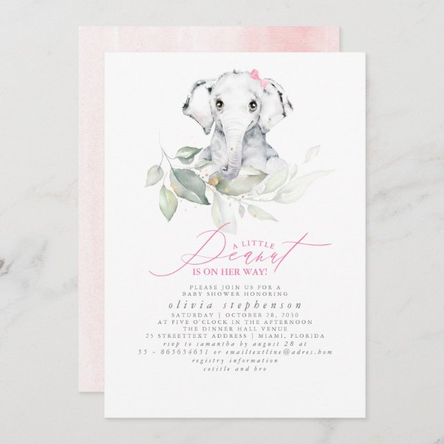 Girl's Elephant Watercolor Greenery Baby Shower Einladung (Vorne/Hinten)