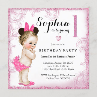 Girls Erste Geburtstagsparty Rosa Swirl Einladung