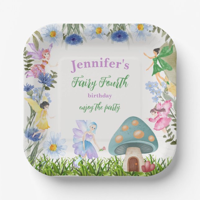 Girl's Fairy Birthday Fairies and Flowers Any Age Pappteller (Vorderseite)