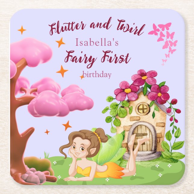 Girls Fairy First Mairytale Mushroom Butterfly Rechteckiger Pappuntersetzer (Vorderseite)