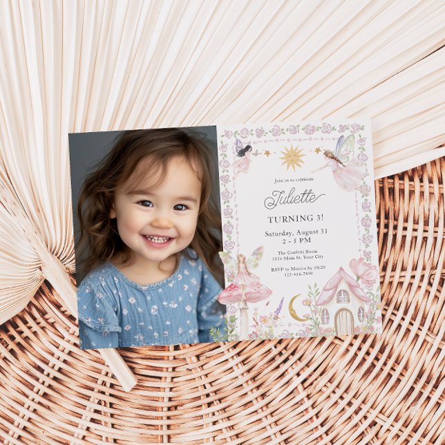 Girls Fairy Magical Garden Jegliches Alter Geburts Einladung (Girls Fairy Garden Birthday Invite with Photo)