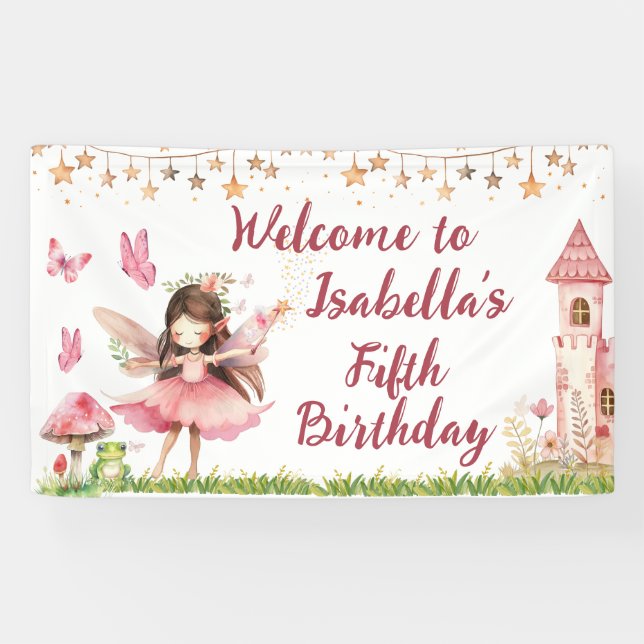 Girls Fairy Tale Castle Frog Mushroom Birthday Banner (Horizontal)