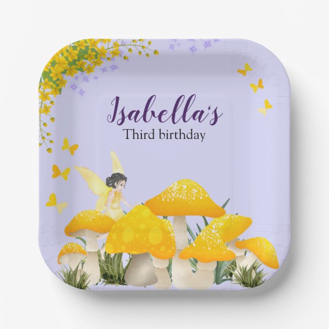 Girls Fairy Yellow Mushroom Butterfly Birthday Pappteller (Vorderseite)