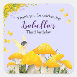 Girls Fairy Yellow Mushroom Butterfly Birthday Quadratischer Aufkleber