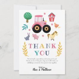 Girls Farm Animals Pink Rustic Traktor Baby Dusche Dankeskarte