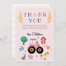 Girls Farm Animals Pink Tractor Kindergeburtstag Dankeskarte