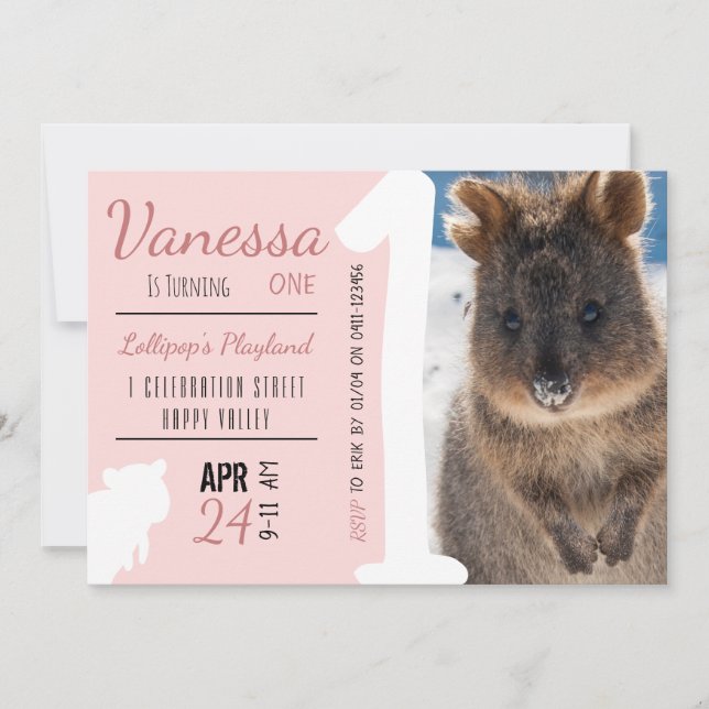 Girls First Birthday Blue Quokka Australien Foto Einladung (Vorderseite)