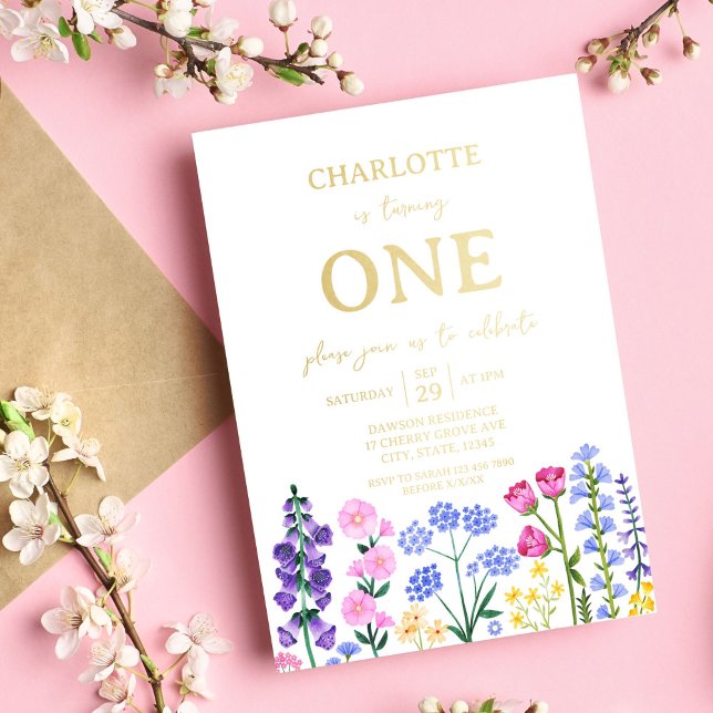 Girl's First Birthday Wildblume Garden Party Folieneinladung (Girl's First Birthday Wildflower Garden Party Foil Invitation)