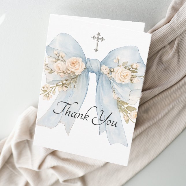 Girl's First Communion Blue Floral Bow Thank You Dankeskarte (Von Creator hochgeladen)