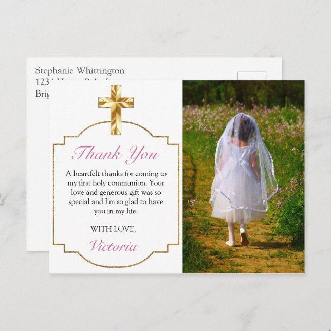 Girls First Communion Gold Cross Foto Vielen Dank Postkarte (Vorne/Hinten)