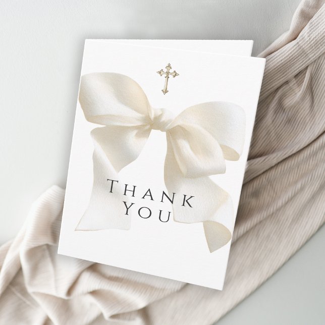 Girl's First Communion Neutral Ivory Bow Thank You Dankeskarte (Von Creator hochgeladen)