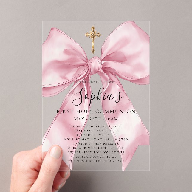 Girl's First Communion Pink Bow Acrylic Invitation Acryleinladungen (Insitu (Handheld))