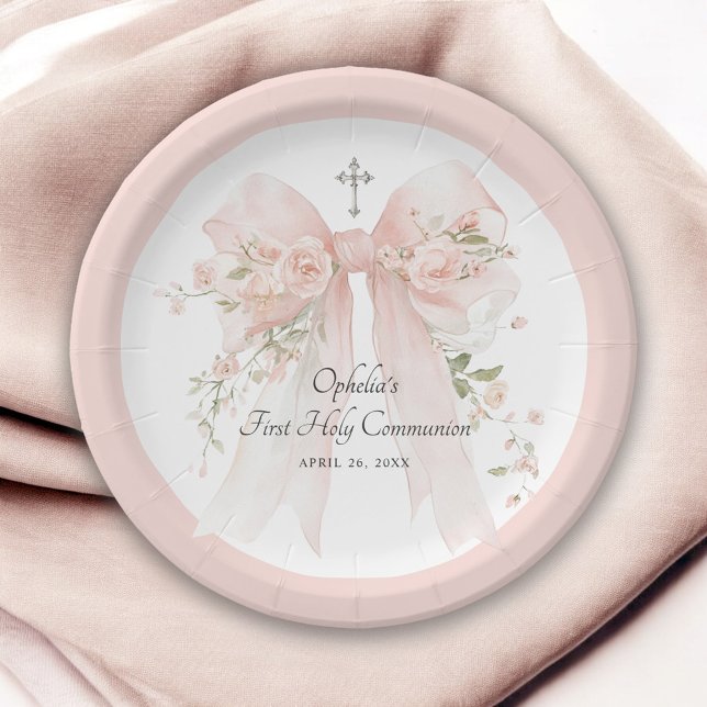 Girl's First Communion Pink Bow Floral Pappteller (Von Creator hochgeladen)