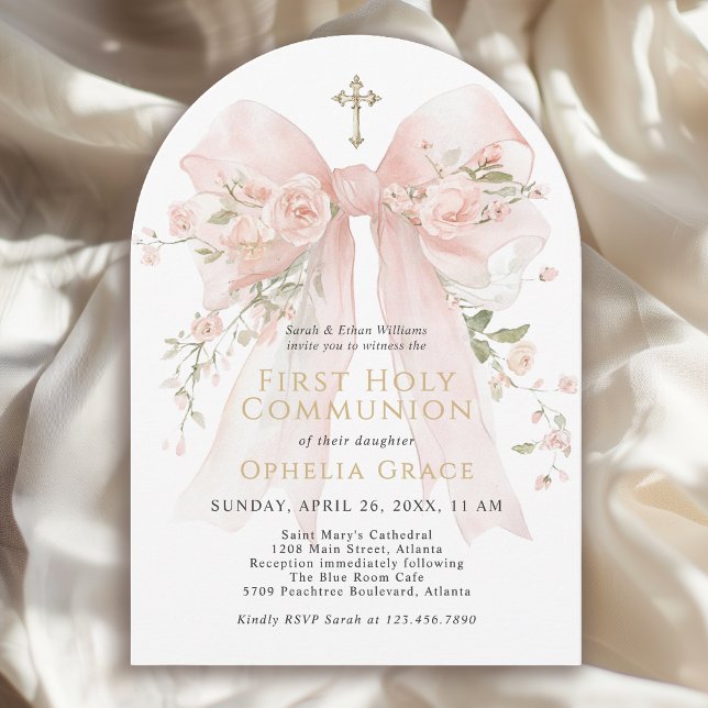 Girl's First Communion Pink Floral Bow Arched Einladung (May be ordered in both printed and instant download digital formats.)