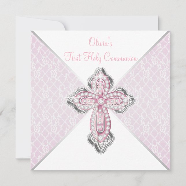 Girls First Communion Rosa Lace Cross Einladung (Vorderseite)