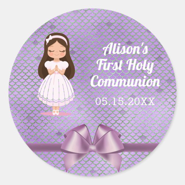 Girls First Holy Communion Lila Bow Runder Aufkleber (Vorderseite)