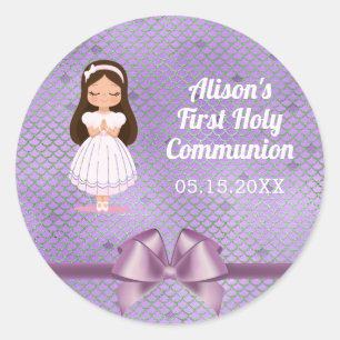 Girls First Holy Communion Lila Bow Runder Aufkleber