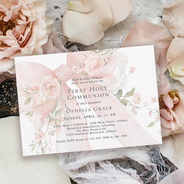 Girl's First Holy Communion Pink Floral Bow Einladung (Invitation may be ordered in both printed and instant download digital formats.)