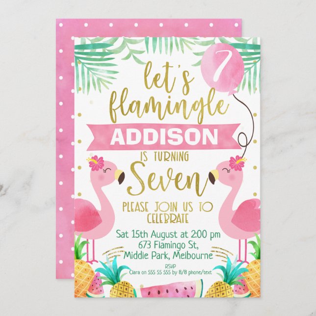 Girls Flamingo Ballons siebten Geburtstag Einladung (Vorne/Hinten)