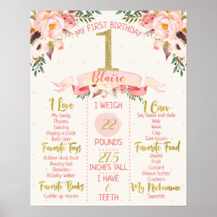 Girls Floral 1. Geburtstag Milestone Poster