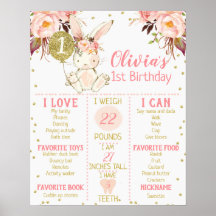 Girl's Floral Bunny 1. Geburtstag Milestone Poster