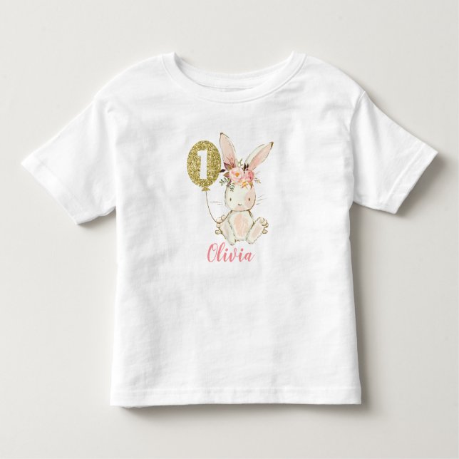 Girls Floral Bunny Erster Geburtstag T - Shirt (Vorderseite)