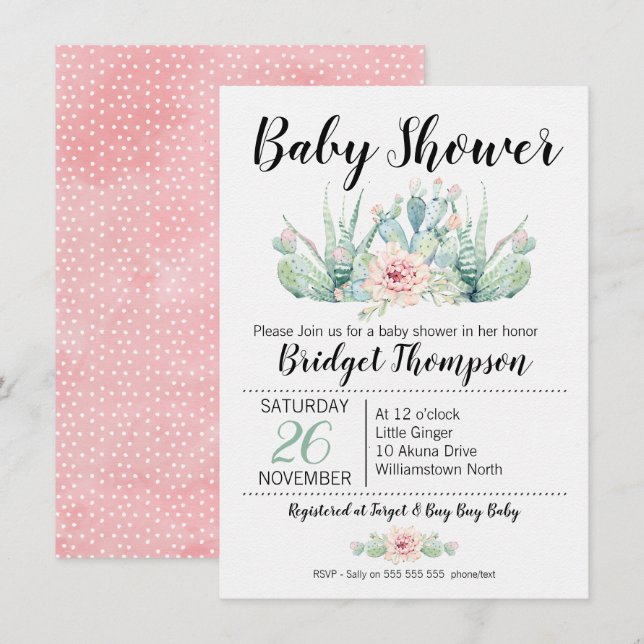 Girls Floral Cactus Baby Shower Einladung (Vorne/Hinten)