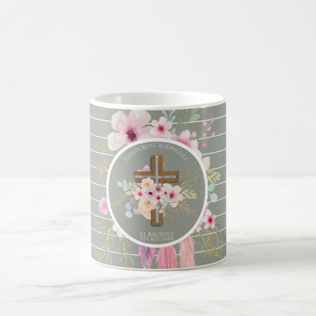 Girls floral Cross Bautizo Taufe Rosa Blume Kaffeetasse (Mittel)