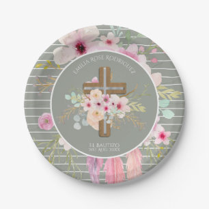 Girls floral Cross Bautizo Taufe Rosa Blume Pappteller