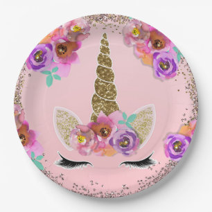 Girls Floral & Gold Glitzer Unicorn Geburtstagspar Pappteller