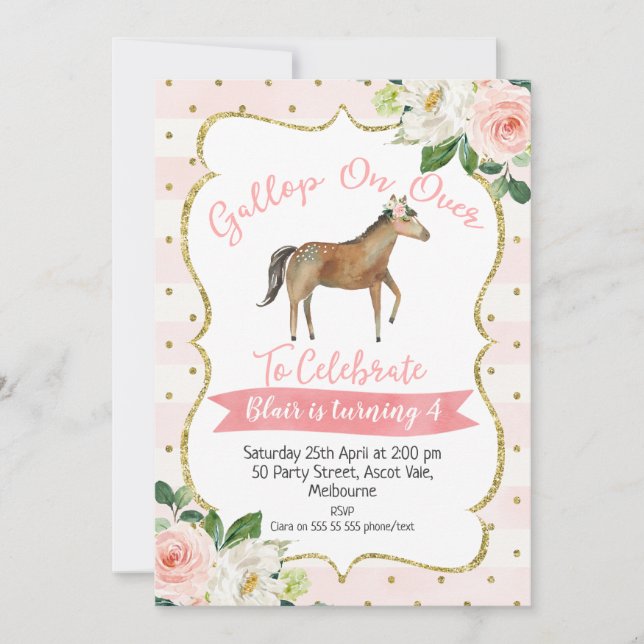 Girls Floral Horse Einladung zum Geburtstag (Vorderseite)
