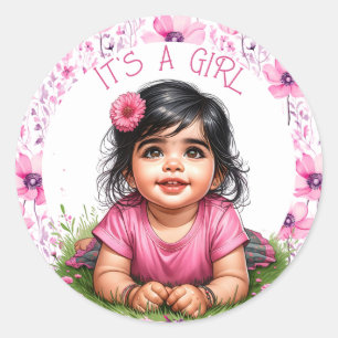 Girl's Floral Pink Baby Shower   Es ist ein Mädche Runder Aufkleber