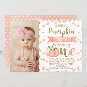 Girls Floral Pink Pumpkin 1. Geburtstag Einladung