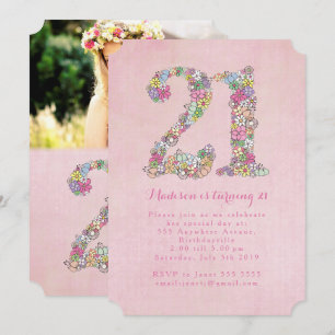 Girls Foto 21. Rosa Floral Geburtstagsparty Einladung