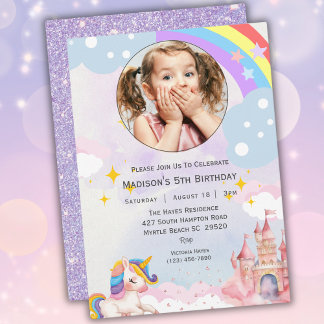 Girls Foto Rainbow Glitzer 5. Geburtstagsparty Einladung