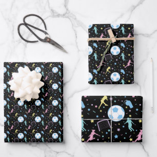 Girls Fußball Silhouetten Sterne und Glitzern Geschenkpapier Set