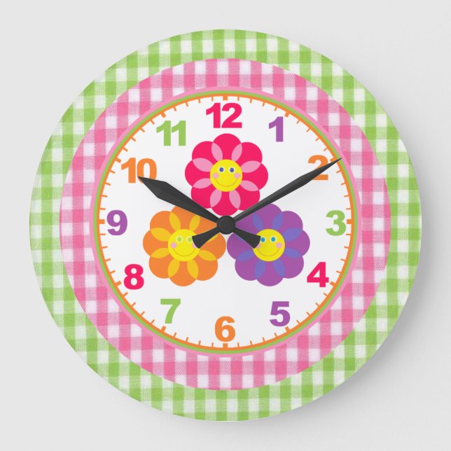 Girls Gingham Blume Uhr mit Zahlen (Vorderseite)