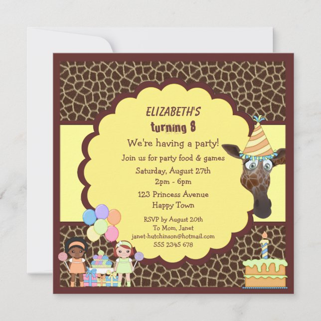 Girls, Giraffe & Cake Animal Print Party Einladung (Vorderseite)