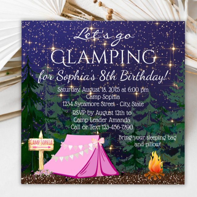 Girls Glamping Geburtstagsparty Einladung (Glamping invitation with cute tent and campfire. Glamping invitation for any event. )