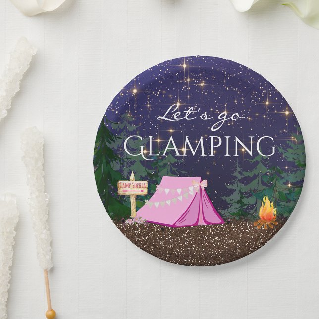 Girls Glamping Geburtstagsparty Pappteller (Cute glamping camping paper plates. You can add your own text.)