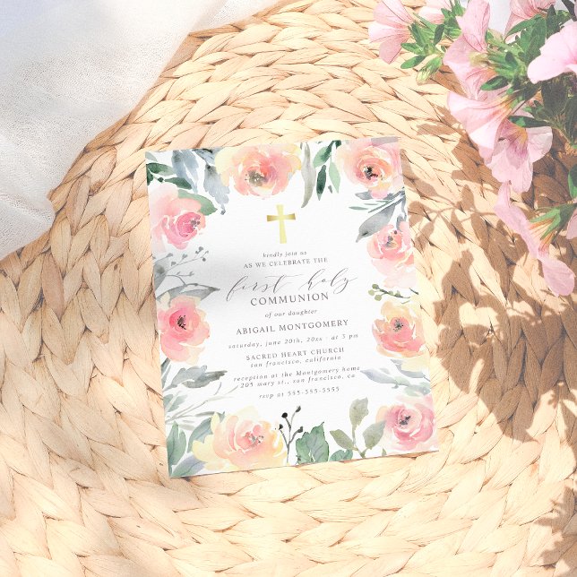 Girl's Gold Cross Rosa Floral First Heilige Kommun Einladungspostkarte (Von Creator hochgeladen)