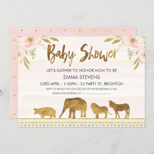 Girls Gold Safari Animals Kinderdusche Einladung