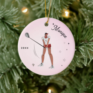 Girl's Golf Golfer Silhouette Pink Kid's Name Year Keramik Ornament