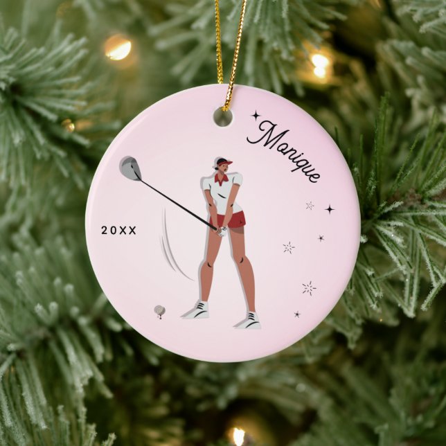 Girl's Golf Golfer Silhouette Pink Kid's Name Year Keramik Ornament (Baum)