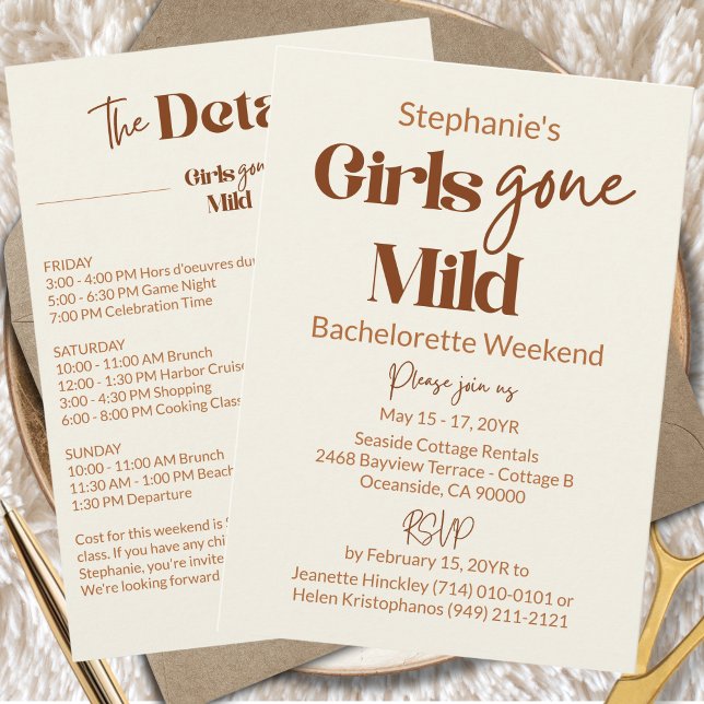 Girls Gone Mild Chic Bachelorette Beach Weekend Einladung (Custom Girls Gone Mild Elegant Brown Ivory Bachelorette Slumber Party Weekend Itinerary Invitation)