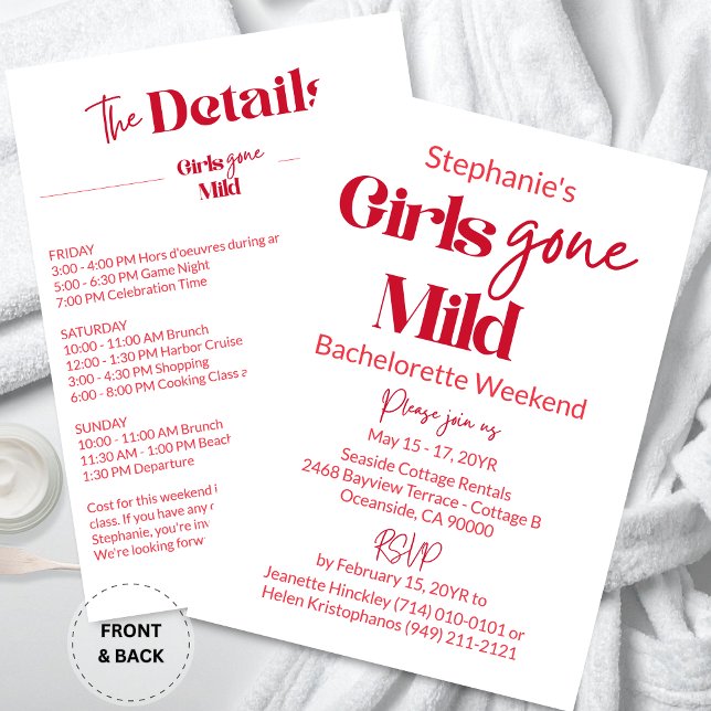 Girls Gone Mild Classic Bachelorette Beach Weekend Einladung (Customized Elegant Calligraphy Girls Gone Mild White Bachelorette Beach Weekend Itinerary Invitation)