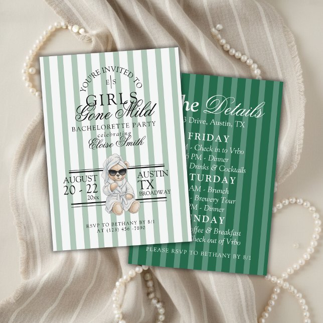 Girls Gone Mild Spa Bear Bachelorette Itinerary Einladung (Not every bachelorette party needs to be wild—and that’s exactly the vibe of Girls Gone Mild!)