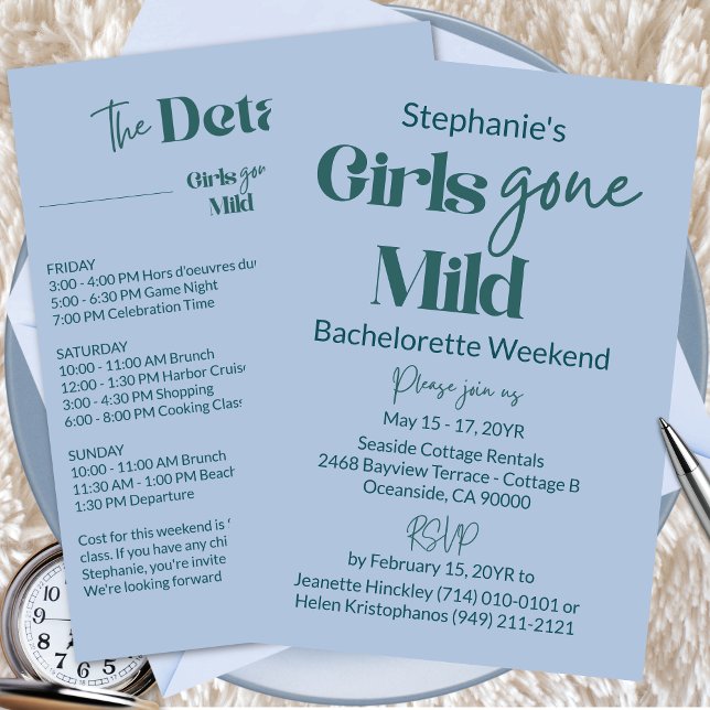 Girls Gone Mild Teal Bachelorette Beach Weekend Einladung (Customizable Girls Gone Mild Modern Teal Blue Bachelorette Spa Weekend Itinerary Invitation)